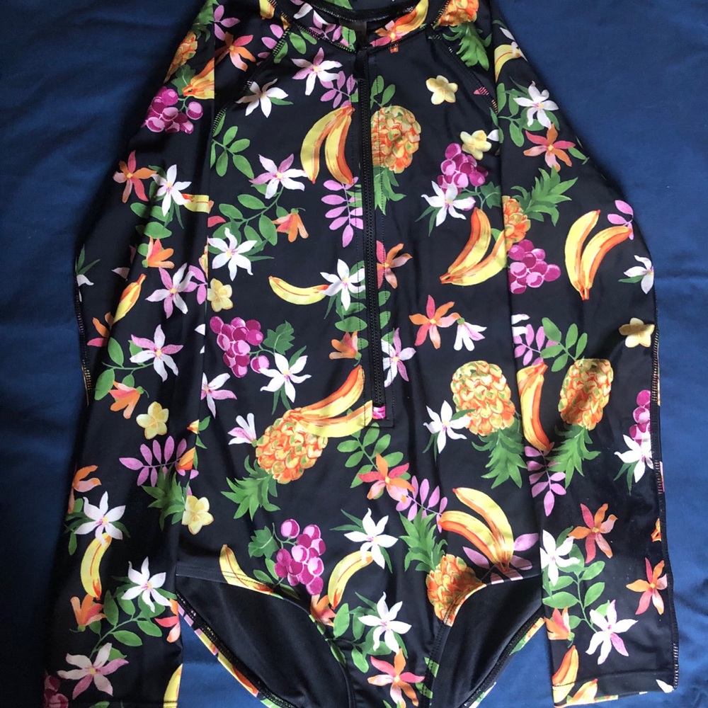 OLD NAVY-Tropical Fruit Print Long Sleeve One-Piece Swimsuit -Black Base Size 16